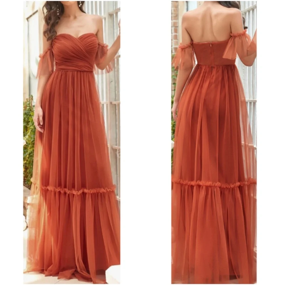Luxe Mesh Off Shoulder Bridal Prom Formal Maxi Dress - Picture 6 of 11